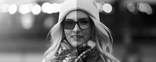 Vertikaltdelt bilde av dame med solbriller/briller